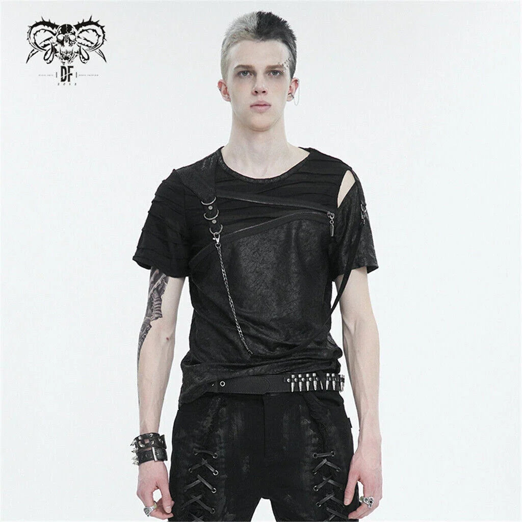 Devil Fashion Men Black Punk Zipper Decoration Short Sleeve T-Shirt Casual Tops