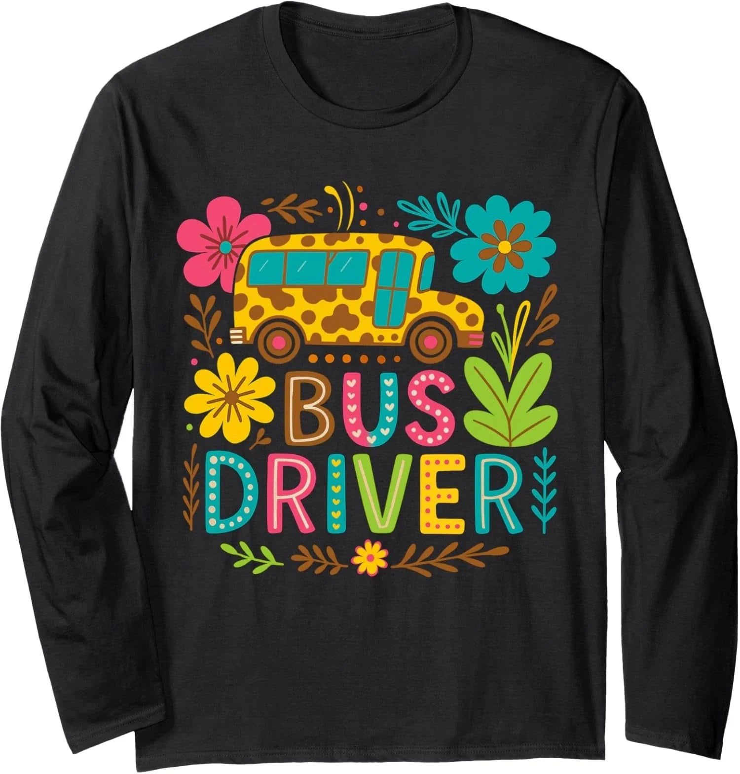 Cute Bus Driver Boho Floral Leopard - Back to School Long Sleeve Tshirt