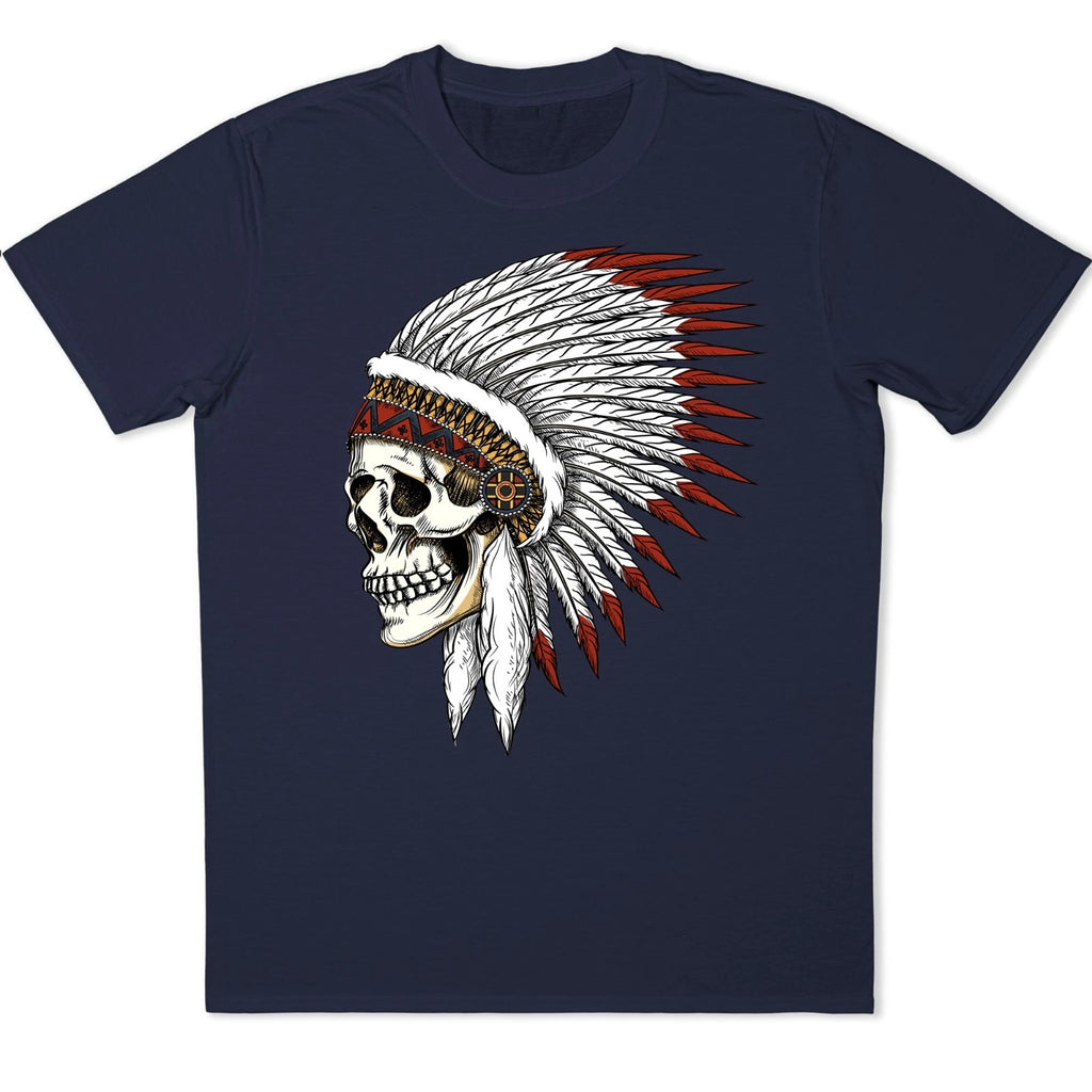 Native American Indian T-Shirt Skull Chief Feather Headdress Tribal Warrior Tee