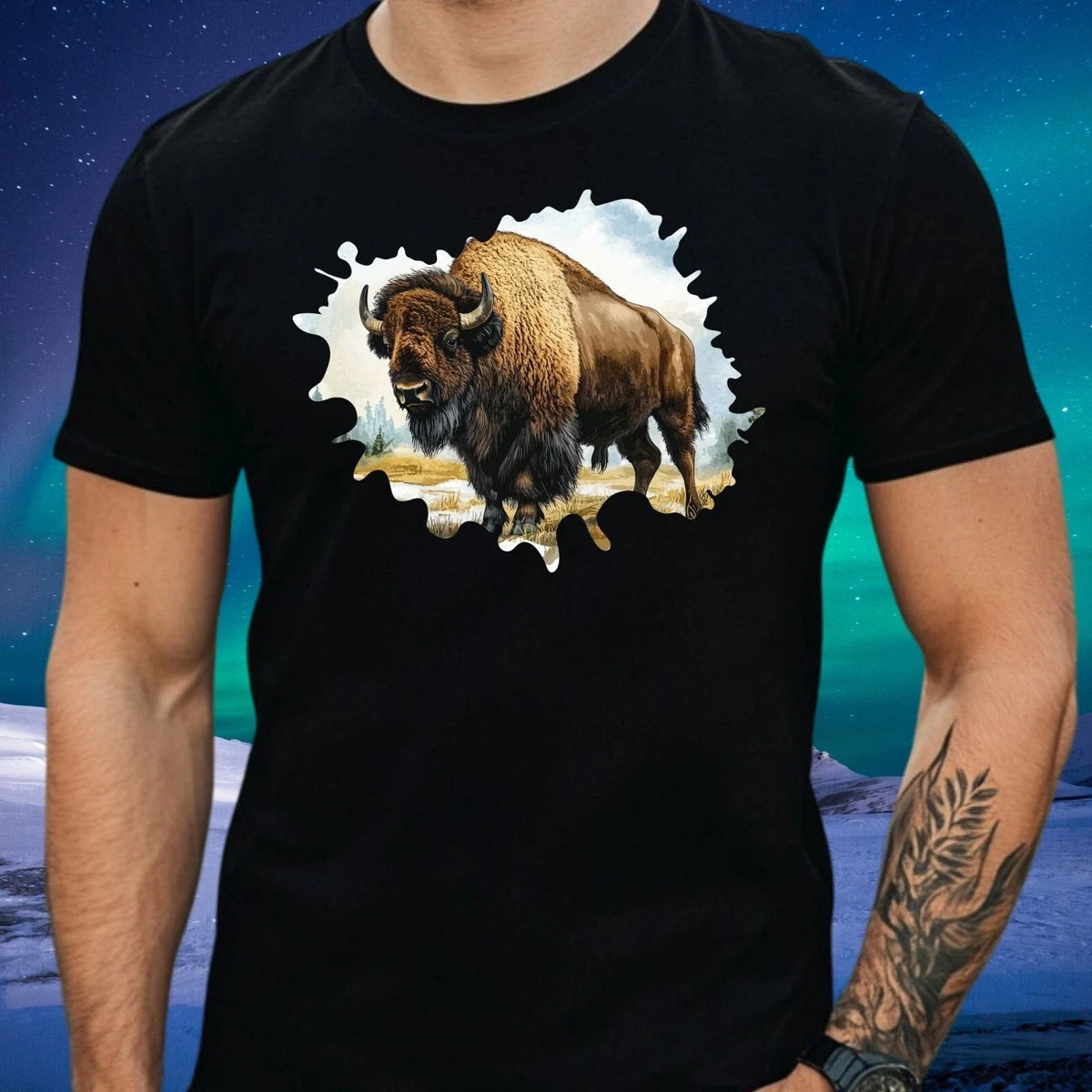 Mens Hand Drawn Bison Motif Cotton T-Shirt Size XS to 5XL