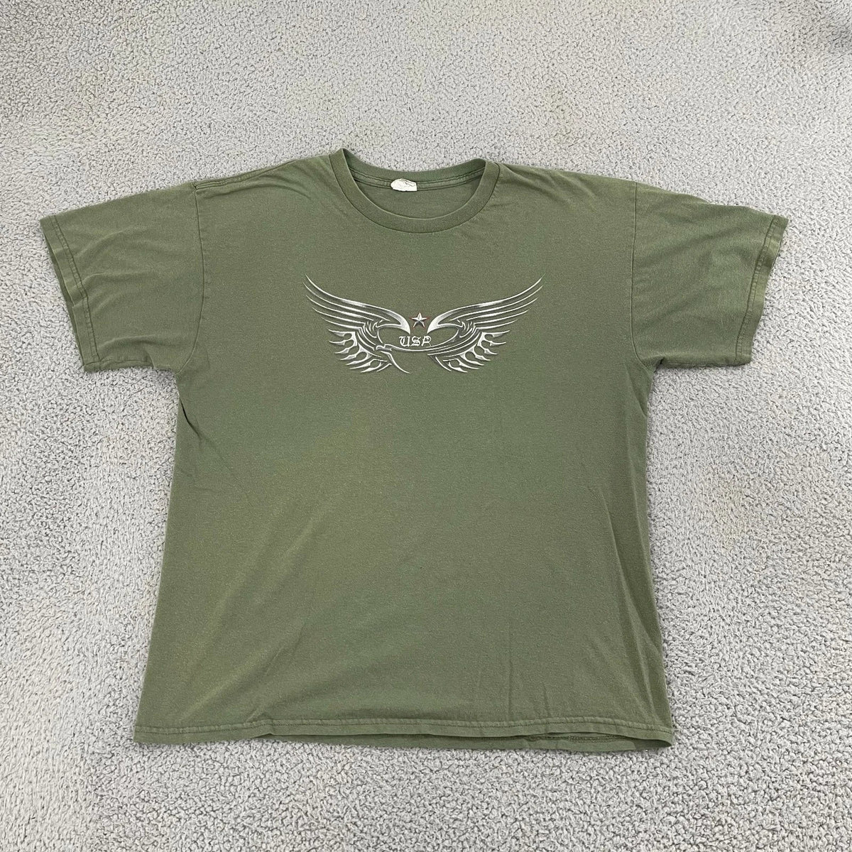 Metallic Wings USA Shirt Men L Olive Y2K Biker Short Sleeve Tee