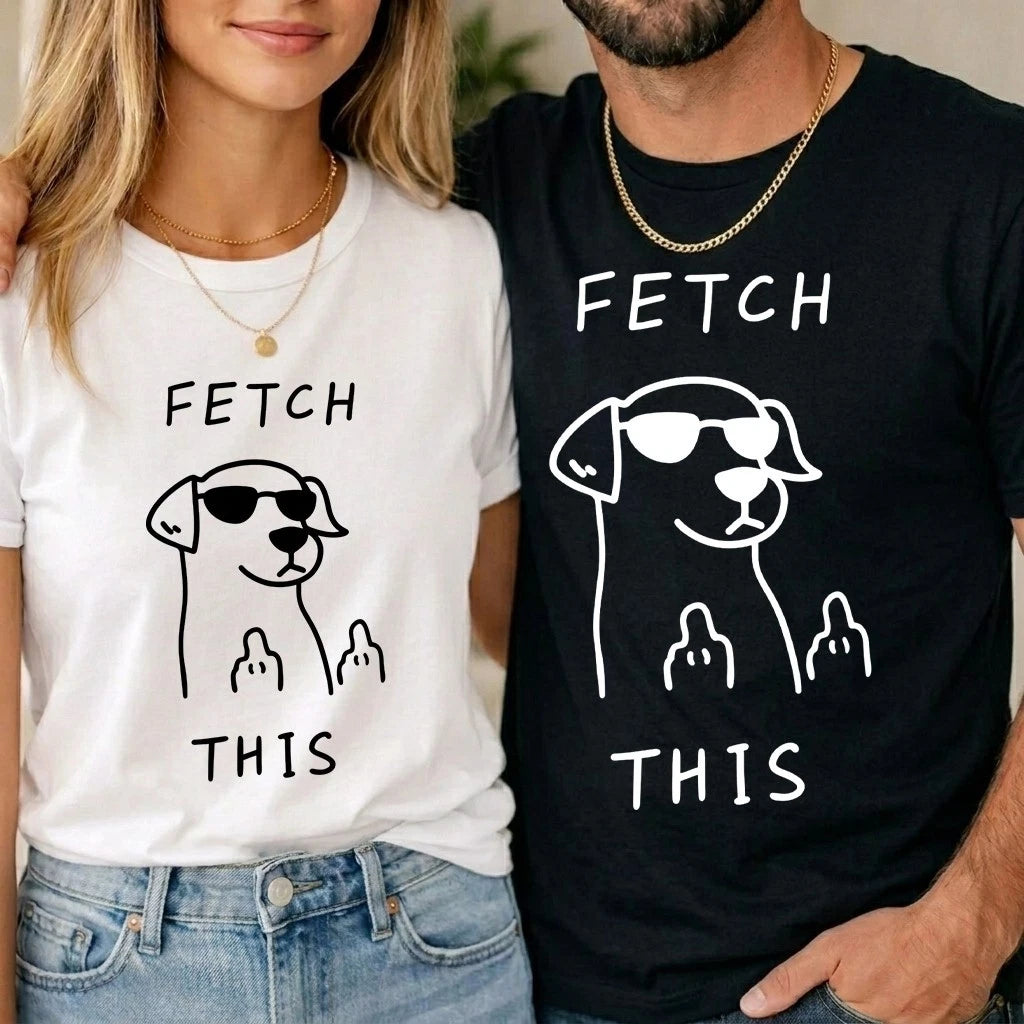 Funny FETCH THIS Dog Stencil Unisex T shirt Swearing Dog Middle Finger Joke Tee