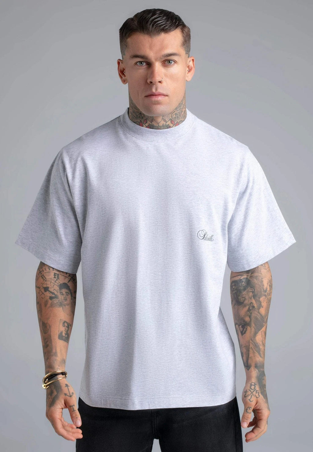SikSilk Men's Oversized Drop Shoulder Crew Neck T-Shirt Tee Grey Marl