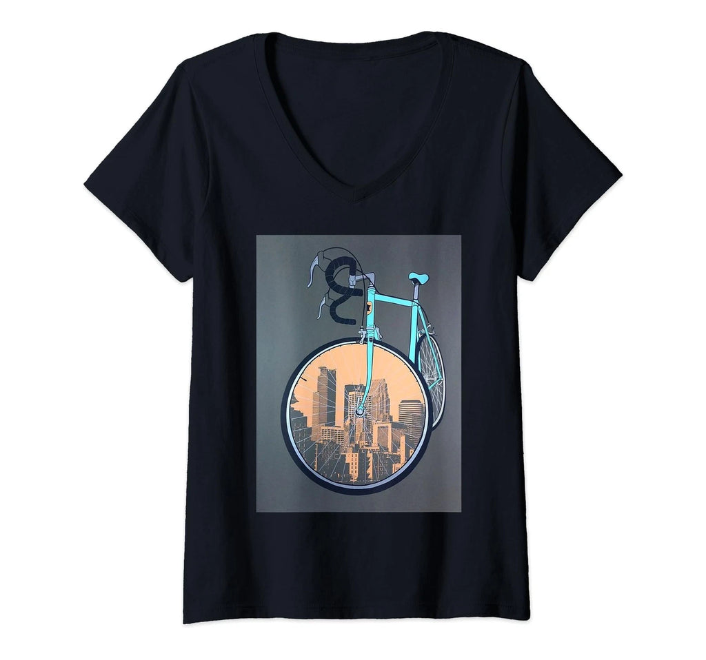 Womens Cool Aesthetic Blue Bicycle, Sepia, City , Gray Background V-Neck T-Shirt
