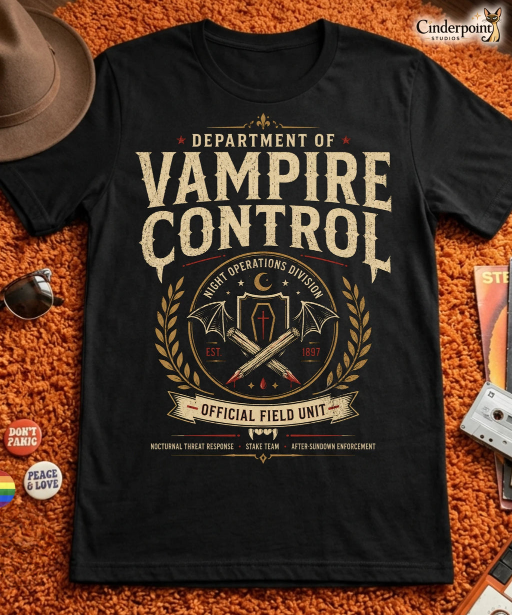 Department of Vampire Control T-Shirt Funny Vampire Hunter Goth Tee Black XS-5XL