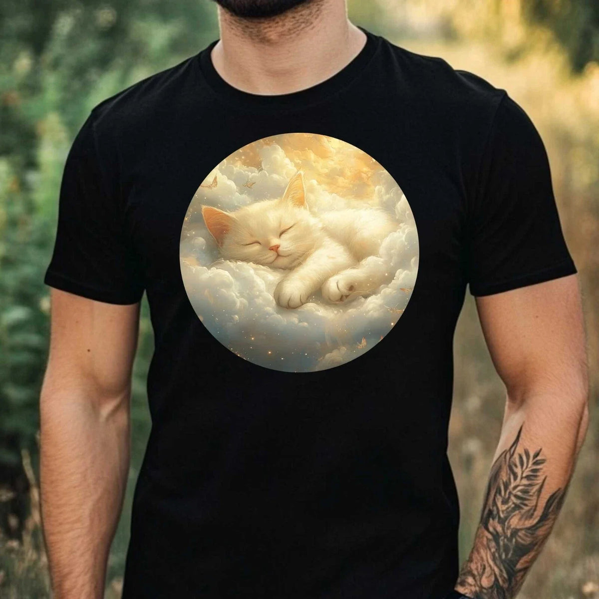 Mens Cat Sleeping in the Clouds Motif Cotton T-Shirt Size XS to 5XL