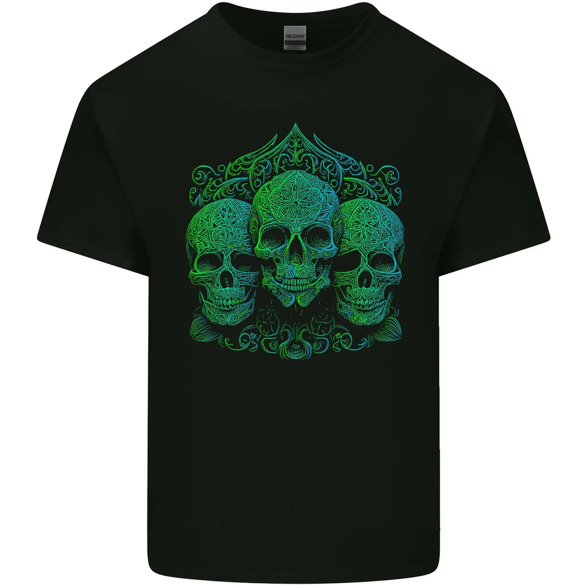 3 Ornate Green Skulls Gothic Goth Mens Cotton T-Shirt Tee Top
