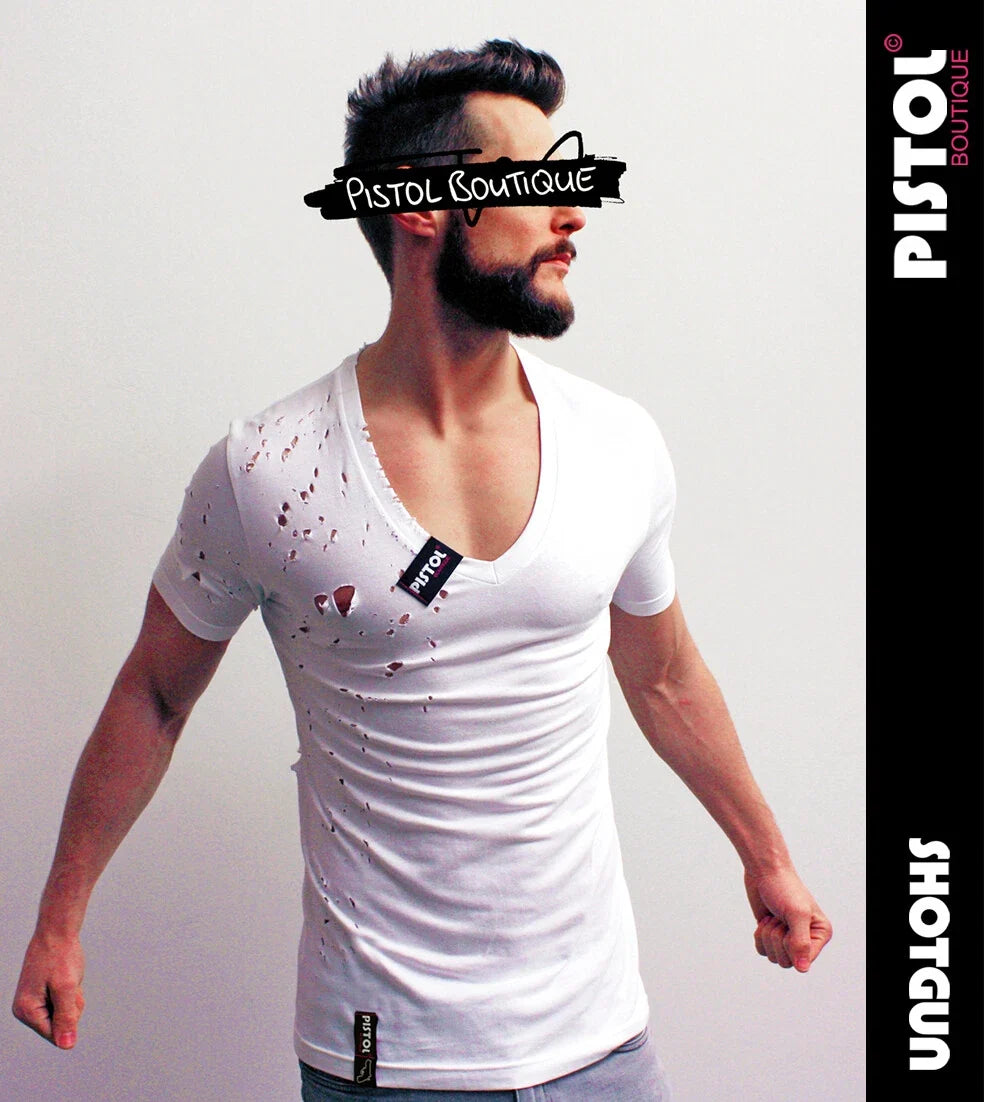 Pistol Boutique men's Fitted White Deep V neck SHOTGUN Distressed Holed T-shirt