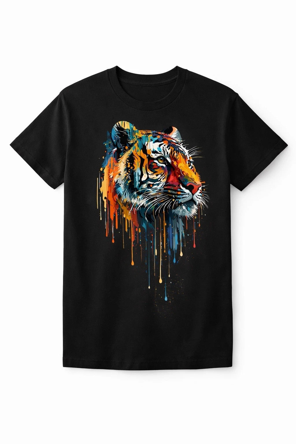 Men's Black Cotton Crew Neck Short Sleeve T-Shirt with Artistic Tiger Graphic