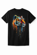 Men's Black Cotton Crew Neck Short Sleeve T-Shirt with Artistic Tiger Graphic