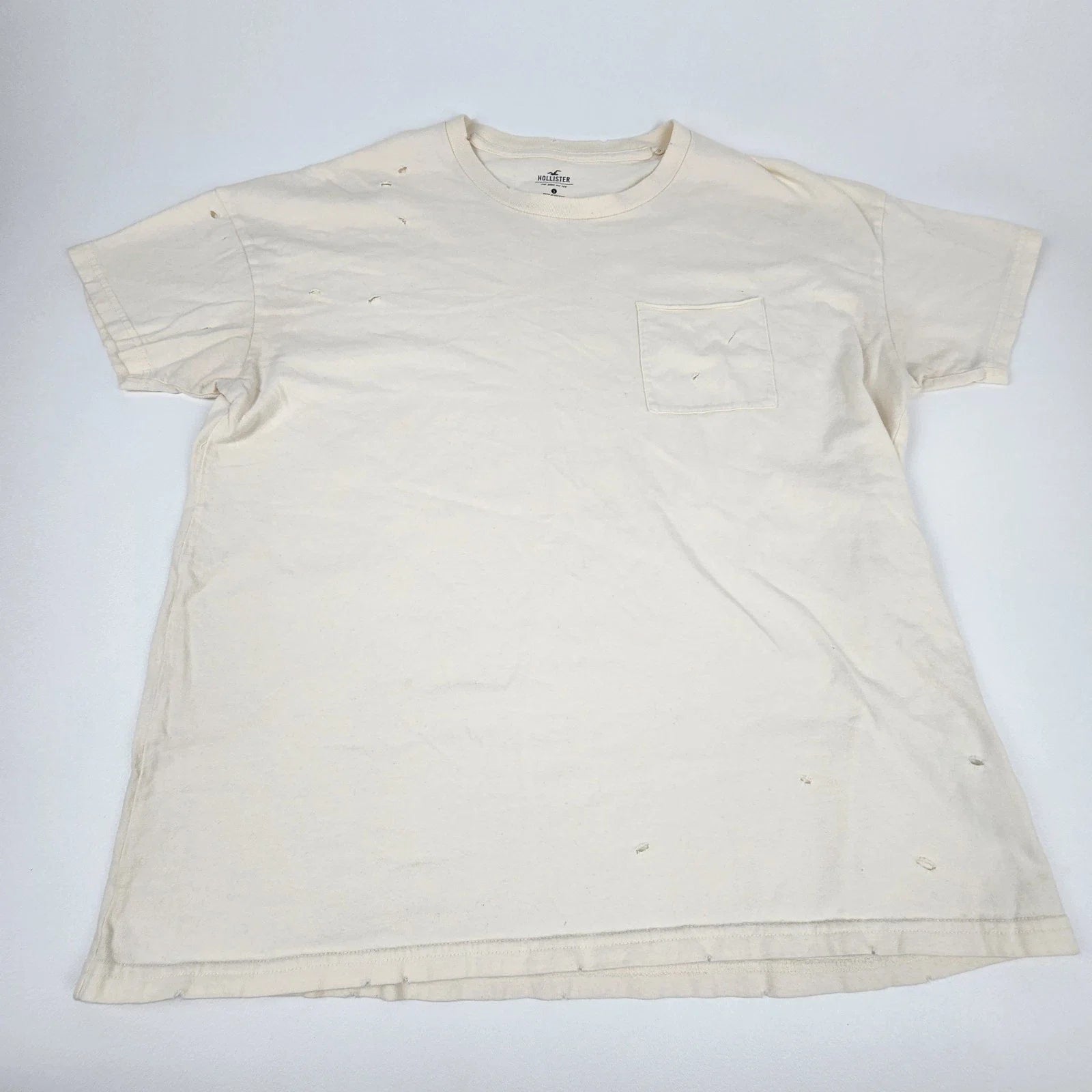 Hollister Pocket Shirt Mens Small White Distressed Grunge Heavyweight Crew Neck