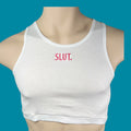 Personalizable Custom Embroidery SLUT mens white super short  crop  rib tank top