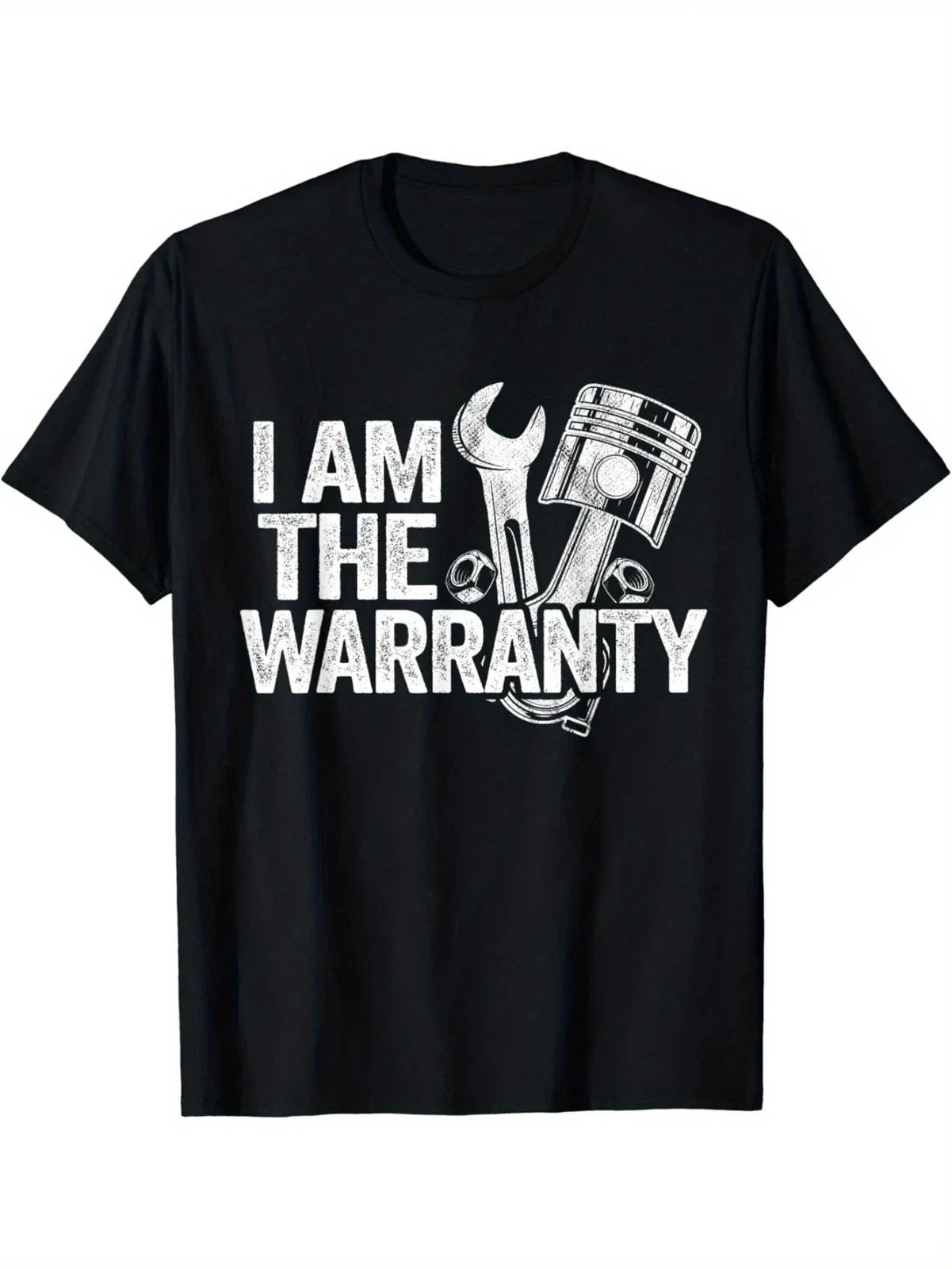 1pc Mechanic Humor Cotton T-Shirt, Geometric-Patterned "I Am The Warranty" Print