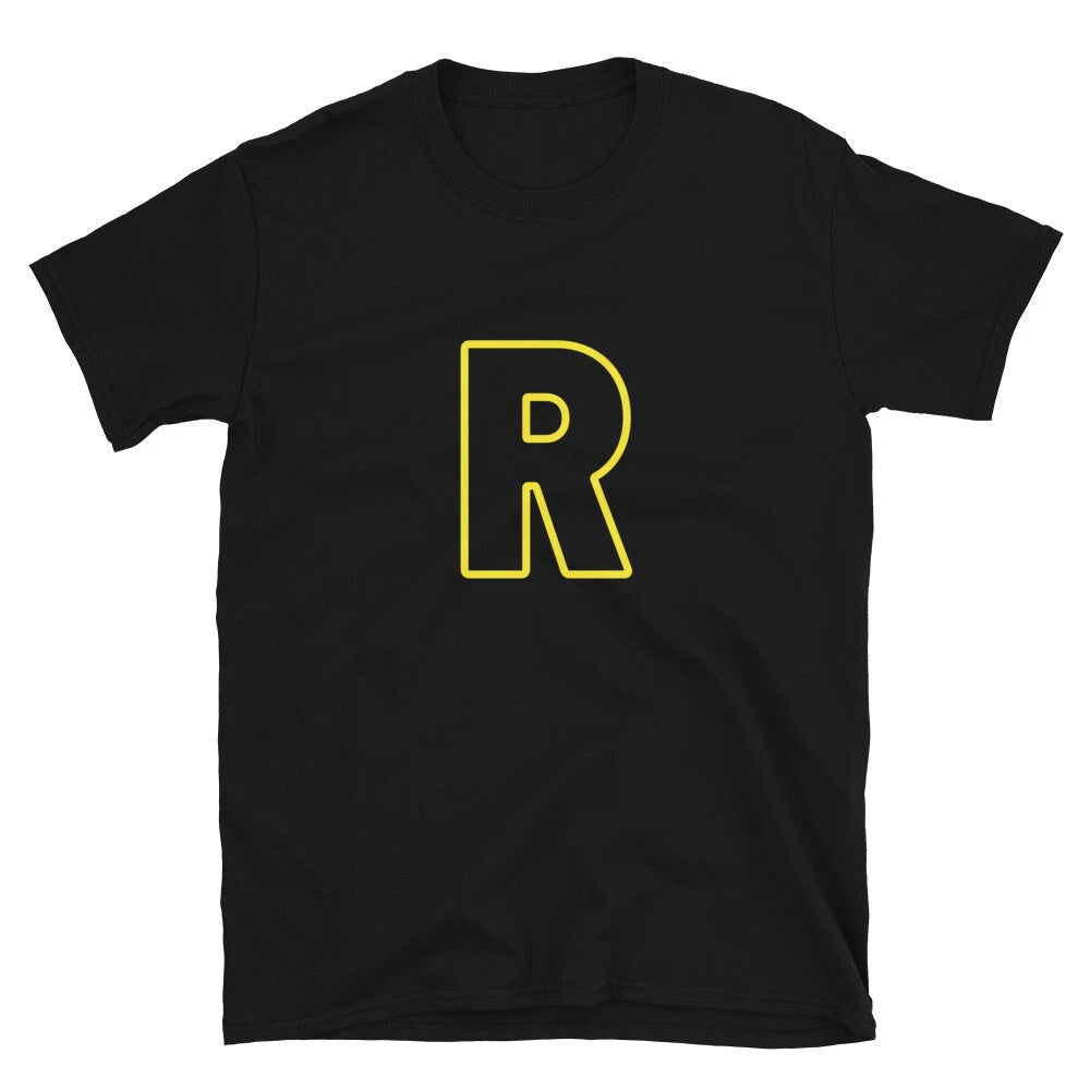 Letter  R Yellow Bold Font Simple Black T-Shirt
