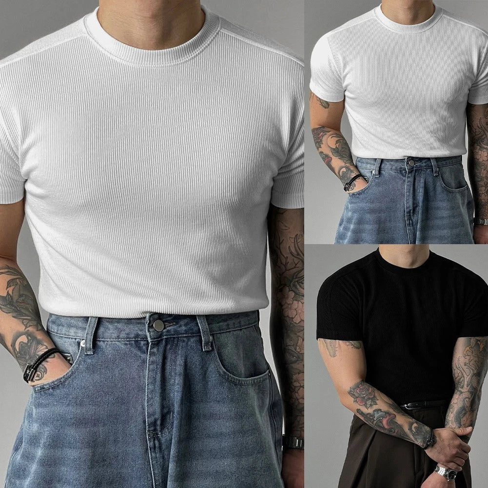 Ribbed Texture Men's T-Shirt Short Sleeve Small High Collar Workout Top
