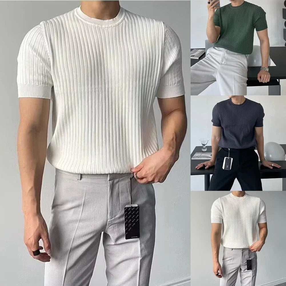Men Slim T-shirt Knitted Elastic Short Sleeve Polyester Regular Length