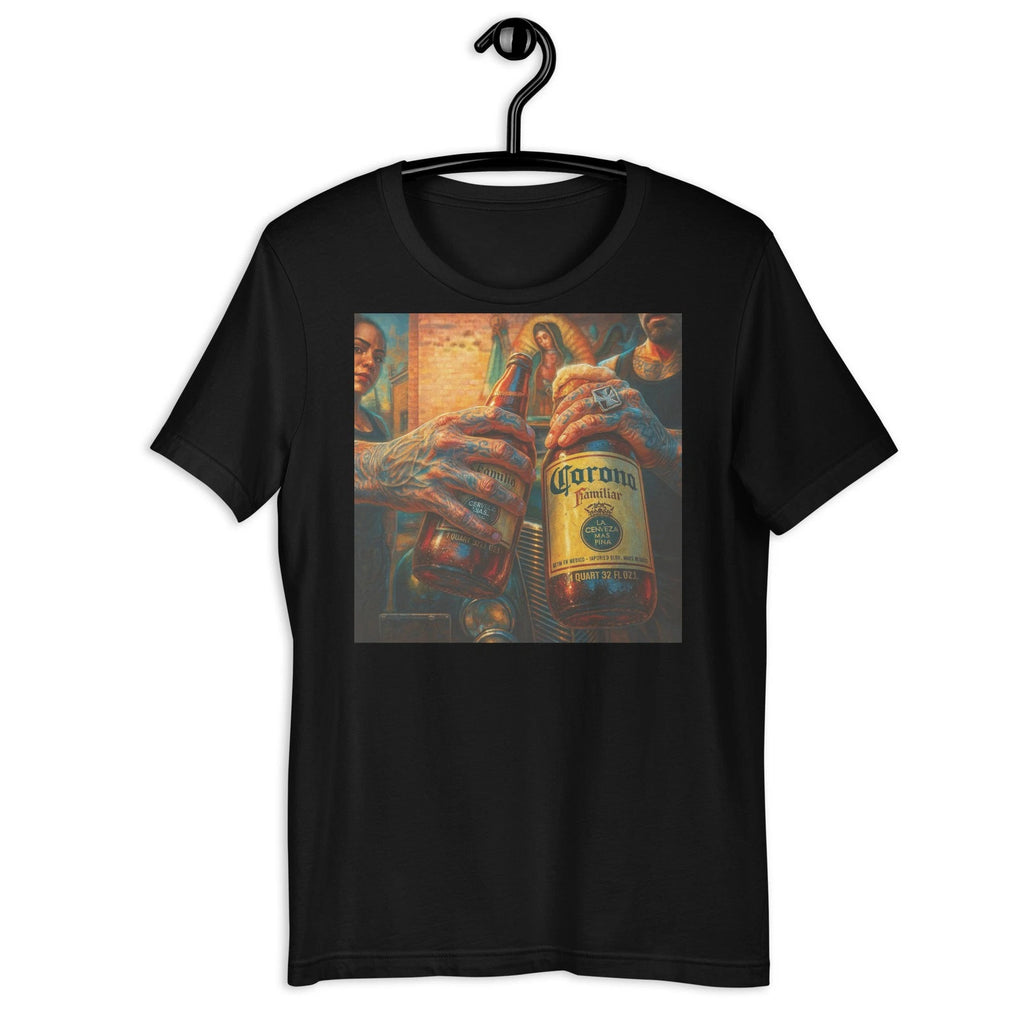 Chicano Corona Familiar Tattoo Style T-Shirt – Mexican Street Art Graphic Tee