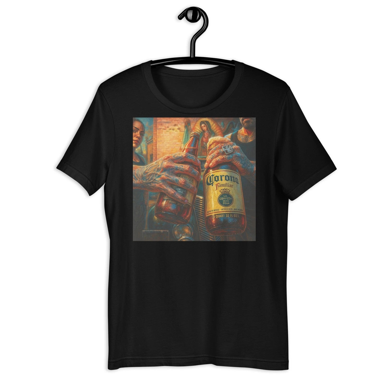 Chicano Corona Familiar Tattoo Style T-Shirt – Mexican Street Art Graphic Tee