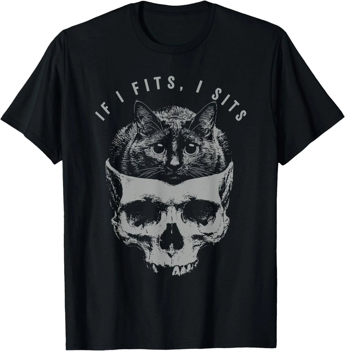 If It Fits I Sit Black Cat Skull Minimalist Meme Humor T-Shirt