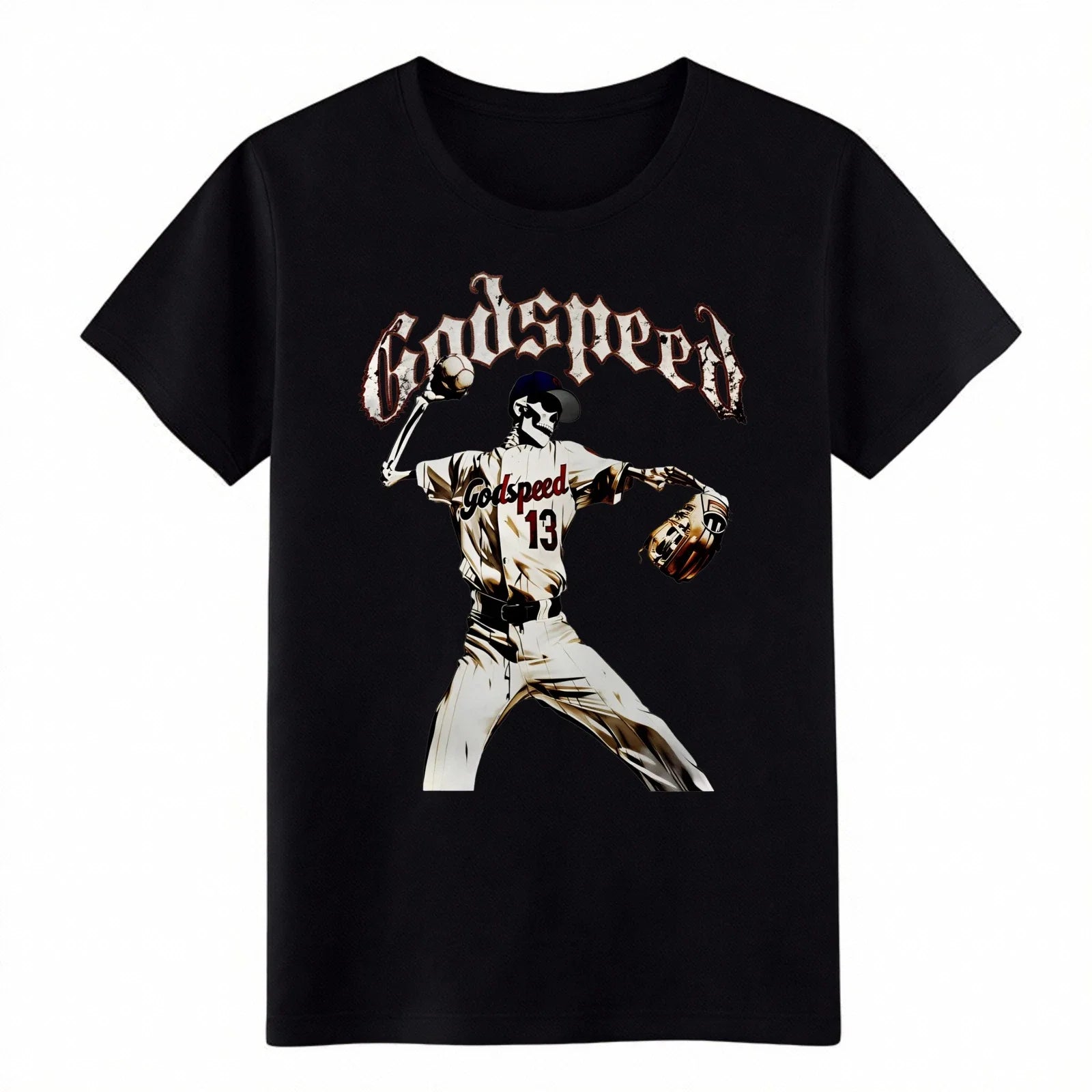 Godspeed Skeleton Baseball Pitcher T-Shirt Gothic Sports Graphic Streetwear Tee