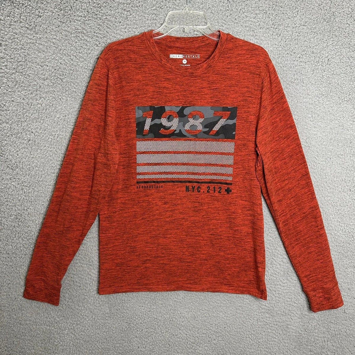 Aeropostale T Shirt Mens Medium Orange Chambray Long Sleeve Polyester Blend