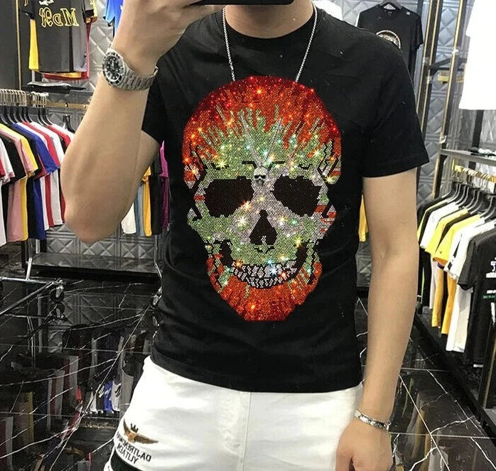New Men Luxury Rhinestones Gothic Fashion Skull Black White T-Shirt High Quality