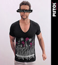 Pistol Boutique Men's Black Fitted Deep V-Neck Cotton Short Sleeve T-Shirt
