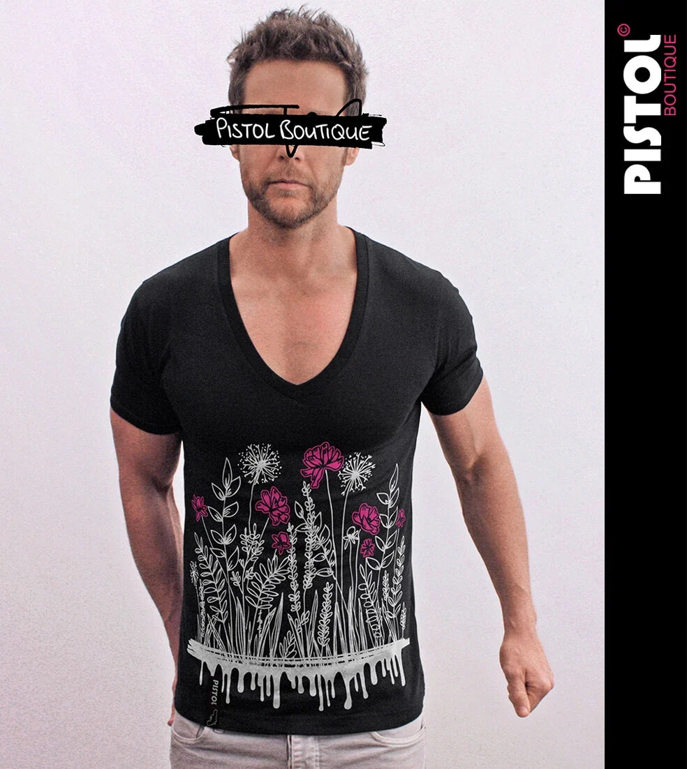 Pistol Boutique Men's Black Fitted Deep V-Neck Cotton Short Sleeve T-Shirt