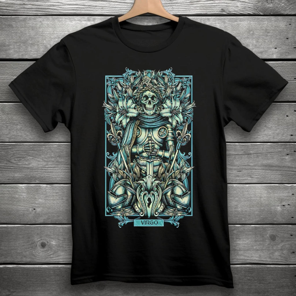 Virgo Zodiac Sign Goth Skull Unisex Black T-Shirt S-3XL
