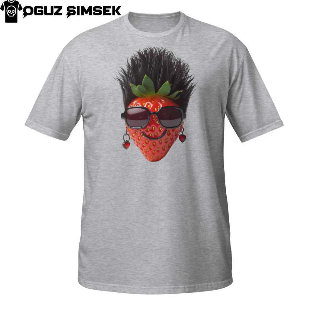 Funny Strawberry with Mohawk, Sunglasses, Earrings Unique Unisex T-Shirt: