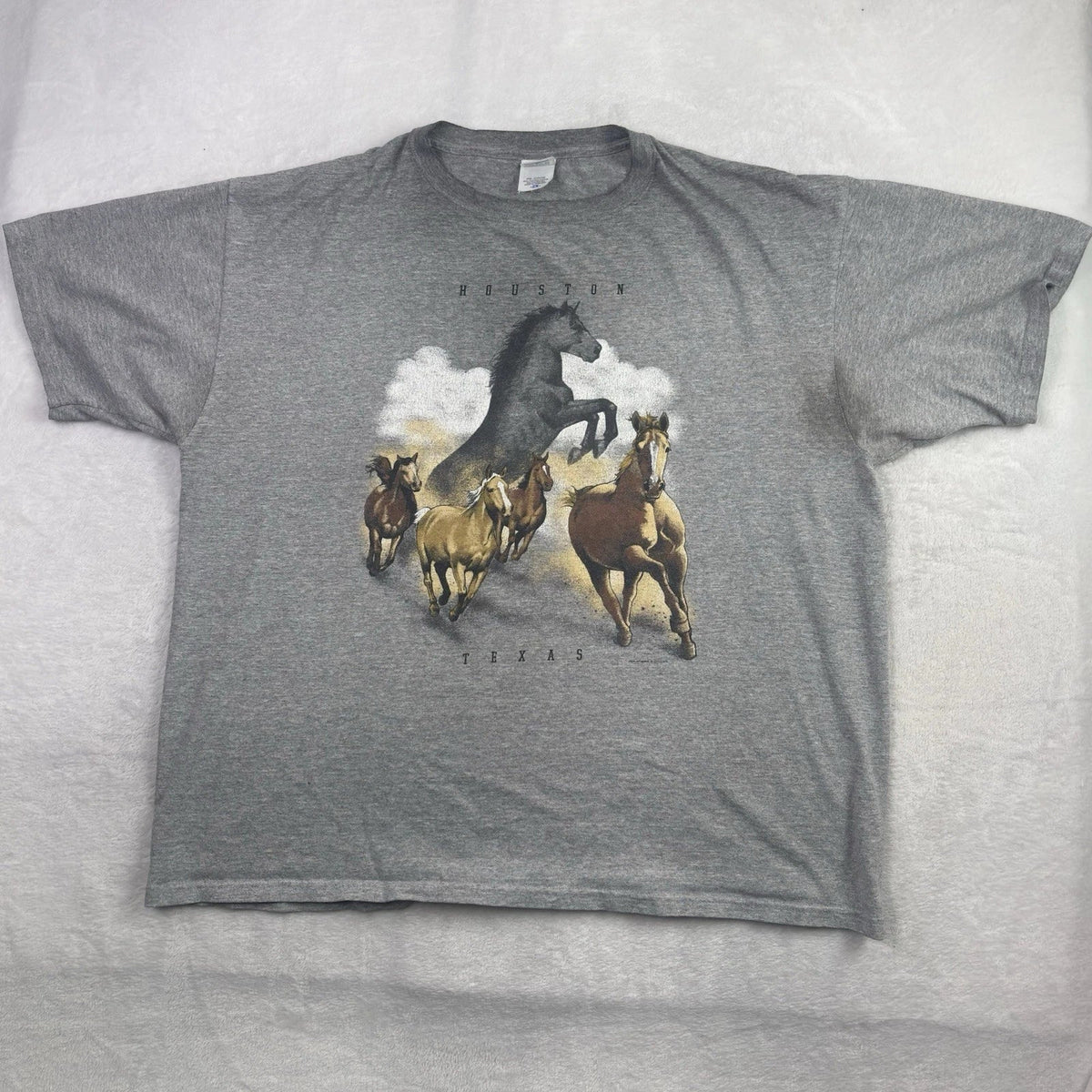 Y2K Anvil Houston Texas Horses Grey Short Sleeve Graphic Shirt Men's 2X Stains