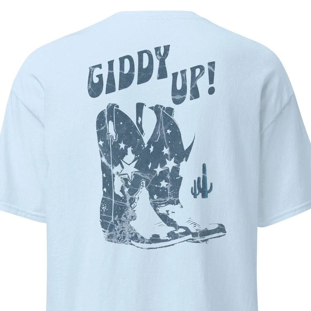 Giddy Up T-Shirt, Western Boho Country Southern Cowboy Boots Howdy Back Print