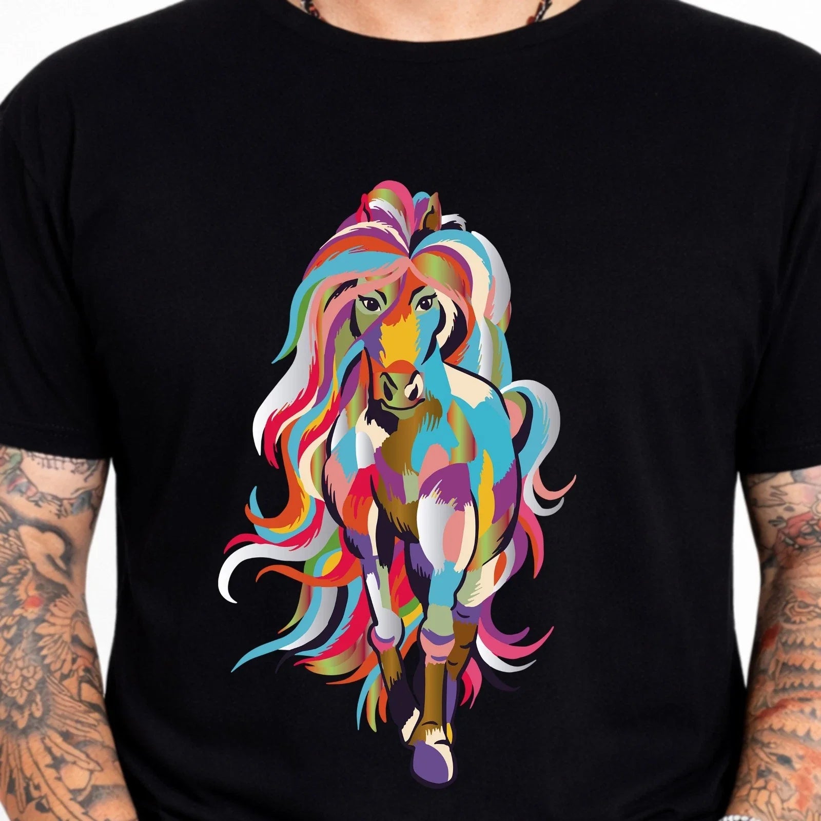 Colorful Horse Graphic Tee Pop Art Animal Lover Equestrian Wildlife Nature Shirt
