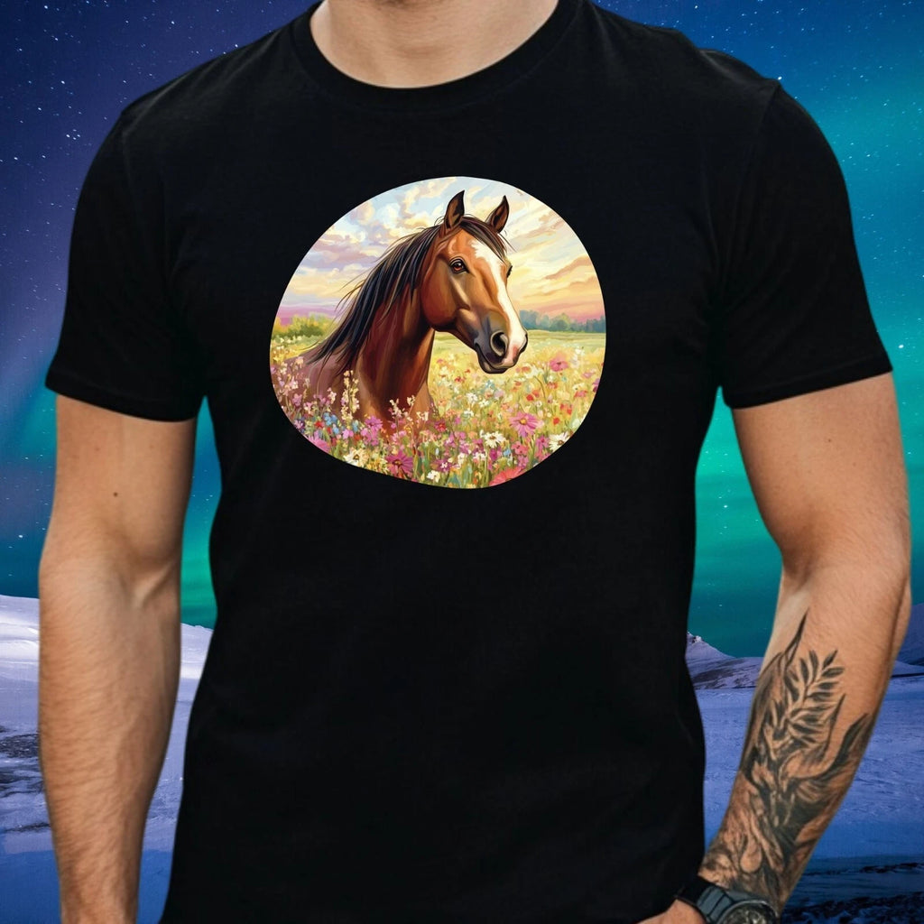 Mens Horse On Flower Field Motif Cotton T-Shirt Size XS to 5XL