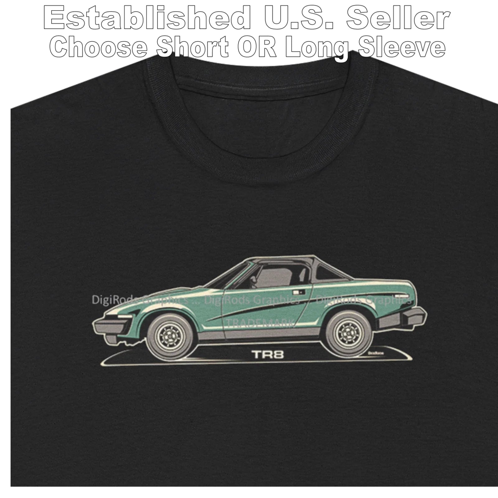 DigiRods Triumph TR8 TR 8 V8 Convertible Model Tonal Cartoon Car Black T Shirt