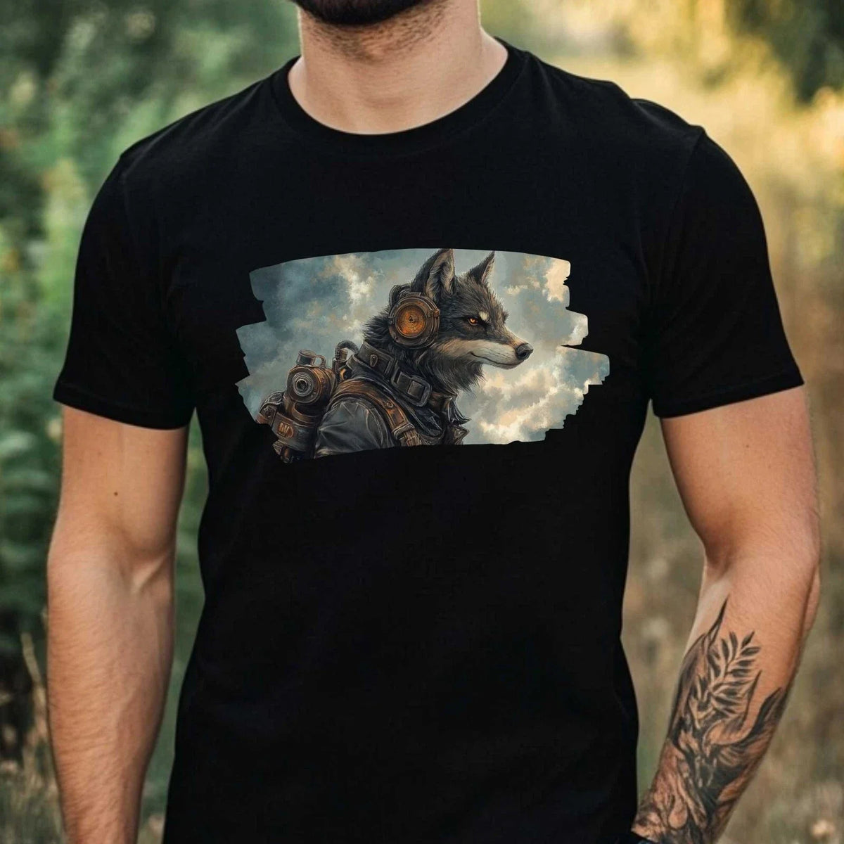 Mens Steampunk Wolf Motif Cotton T-Shirt Size XS to 5XL
