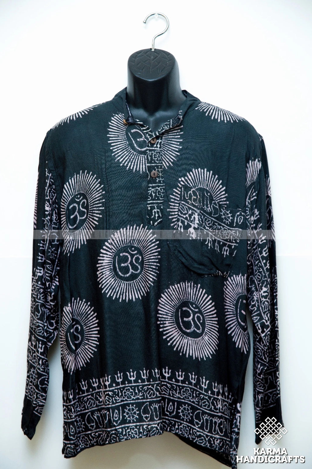 M-3XL NEW BOUTIQUE Hippie Om Yoga Top Collarless Cotton Kurta Black Shirt Nepal