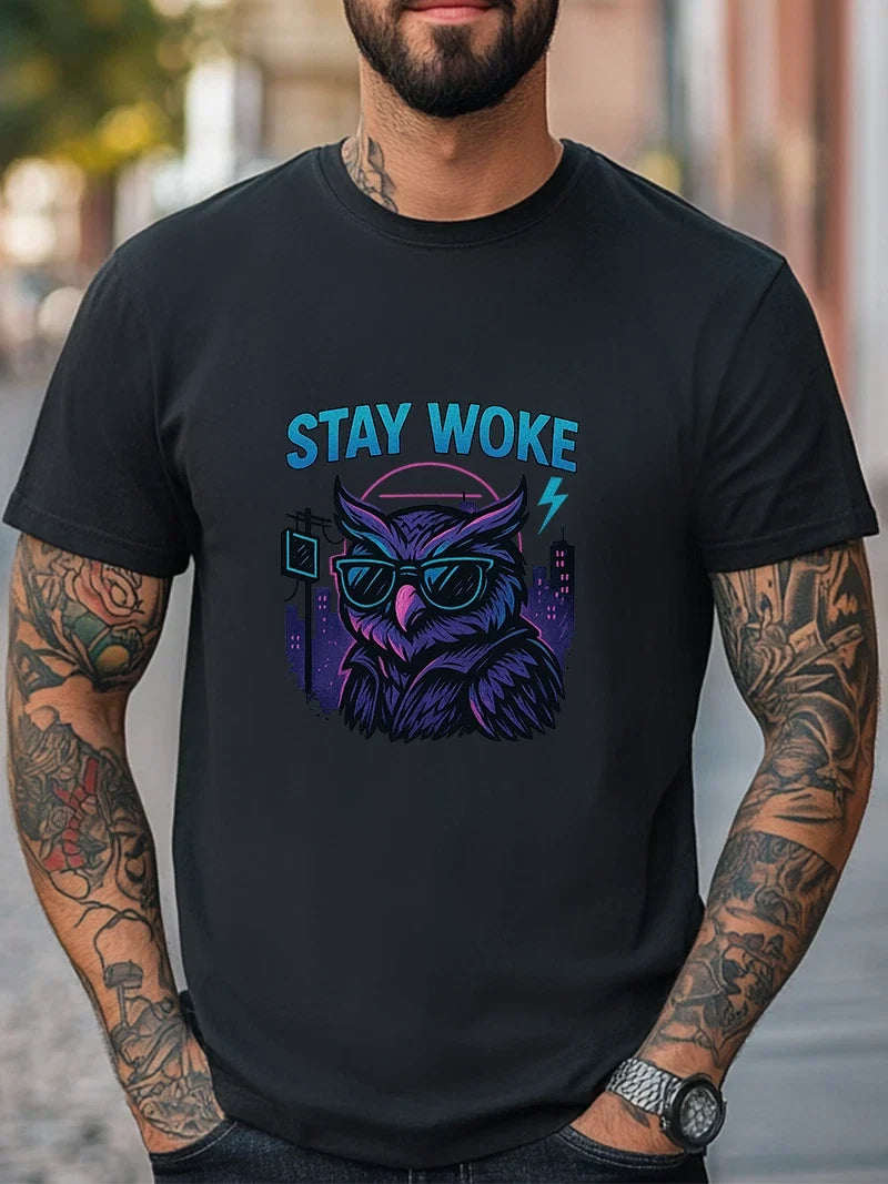 Stay Woke T-Shirt Neon Owl with Shades Graphic Tee Retro Vaporwave Streetwear