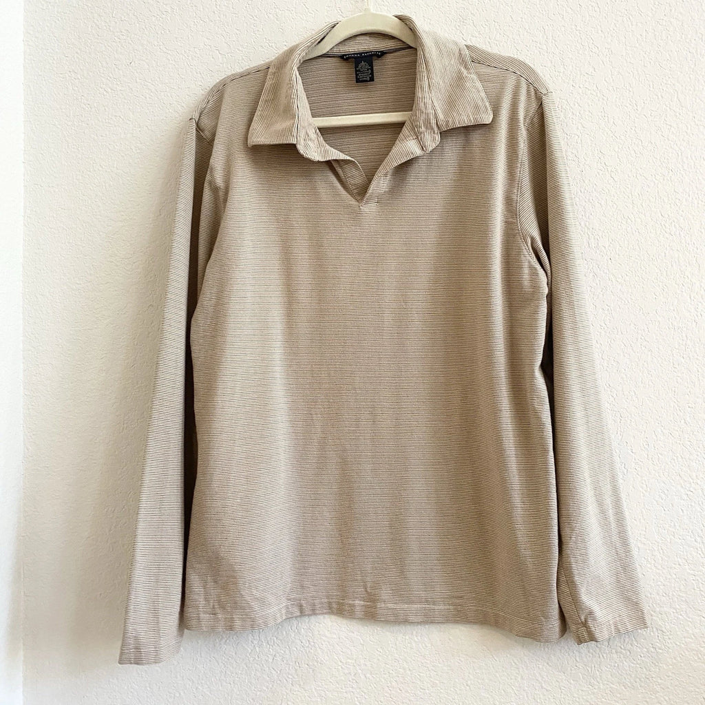 Banana Republic Shirt Mens Large Tan White Henley Collared Long Sleeve