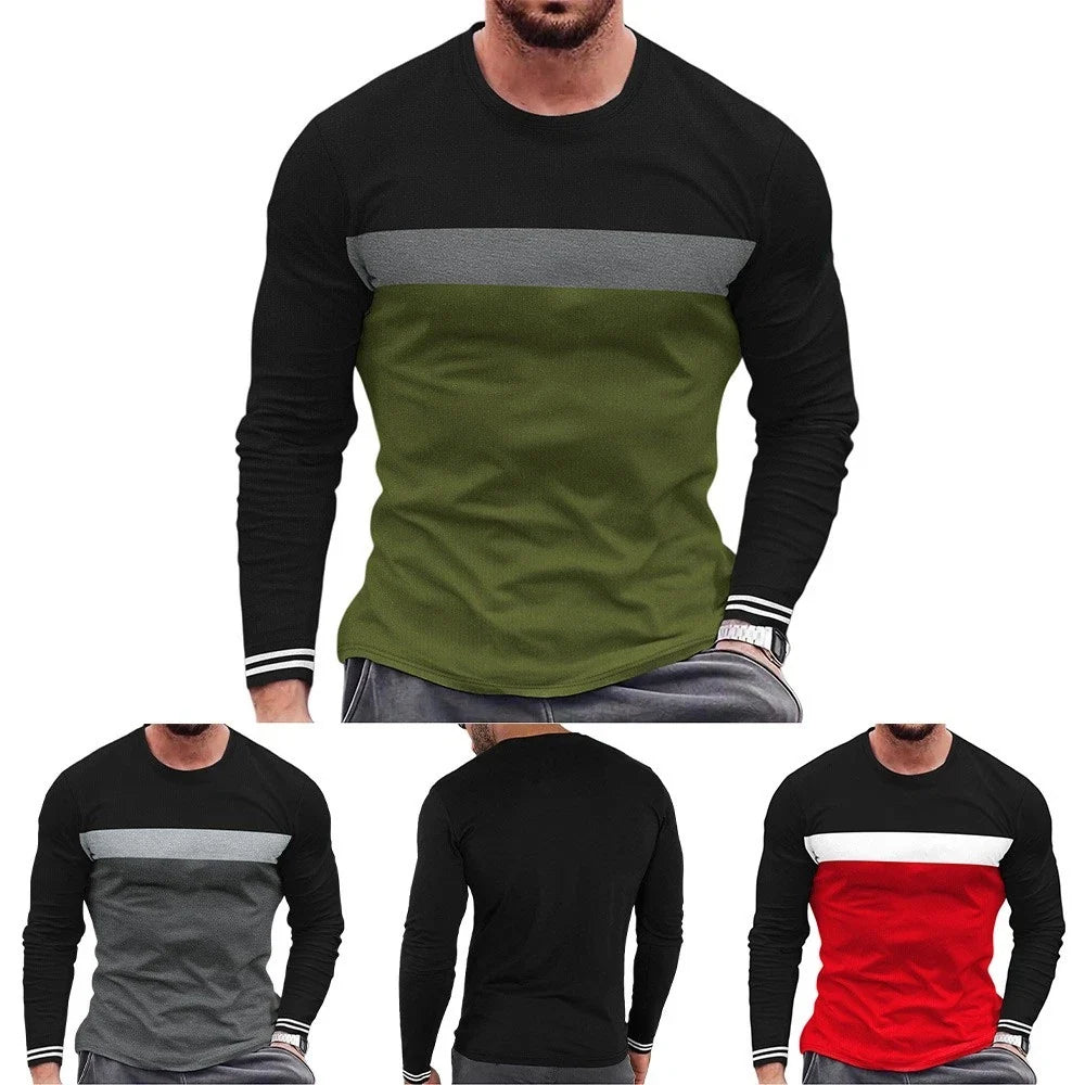 Mens round neck long sleeve casual tshirt loose fit colorblocked design