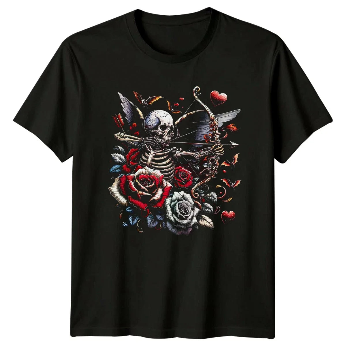 Gothic Skeleton Cupid With Roses T-Shirt Dark Romance Gothic Art Valentines Day