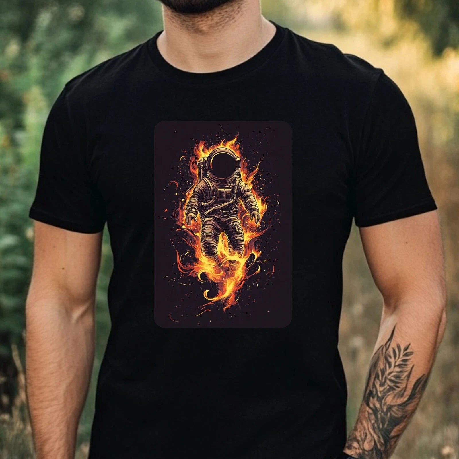 Mens Astronaut on Fire Motif Cotton T-Shirt Size XS to 5XL