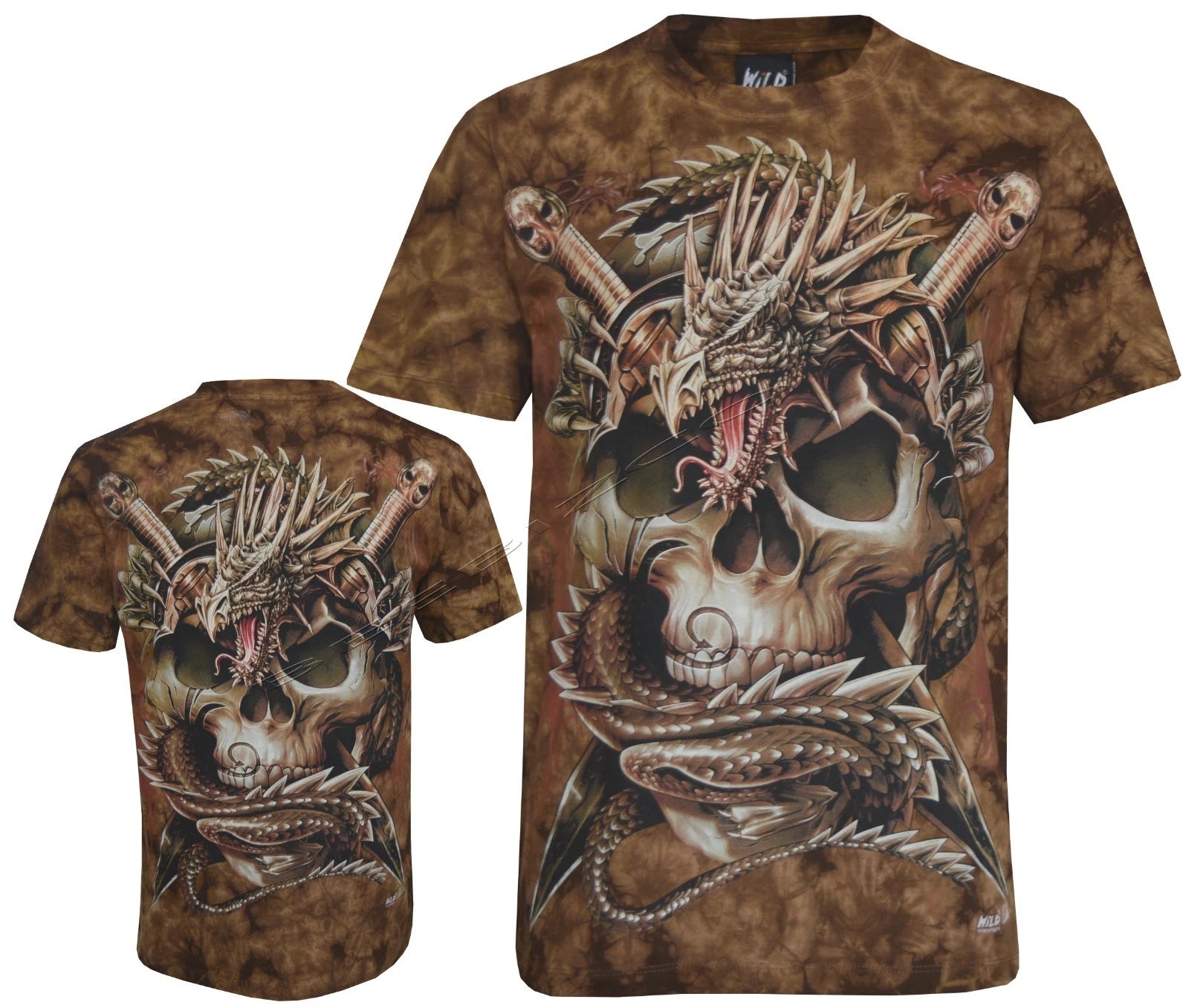 Tie Dye T-Shirt Raging Dragon Protects Giant Skull & Sword Glow in Dark by Wild