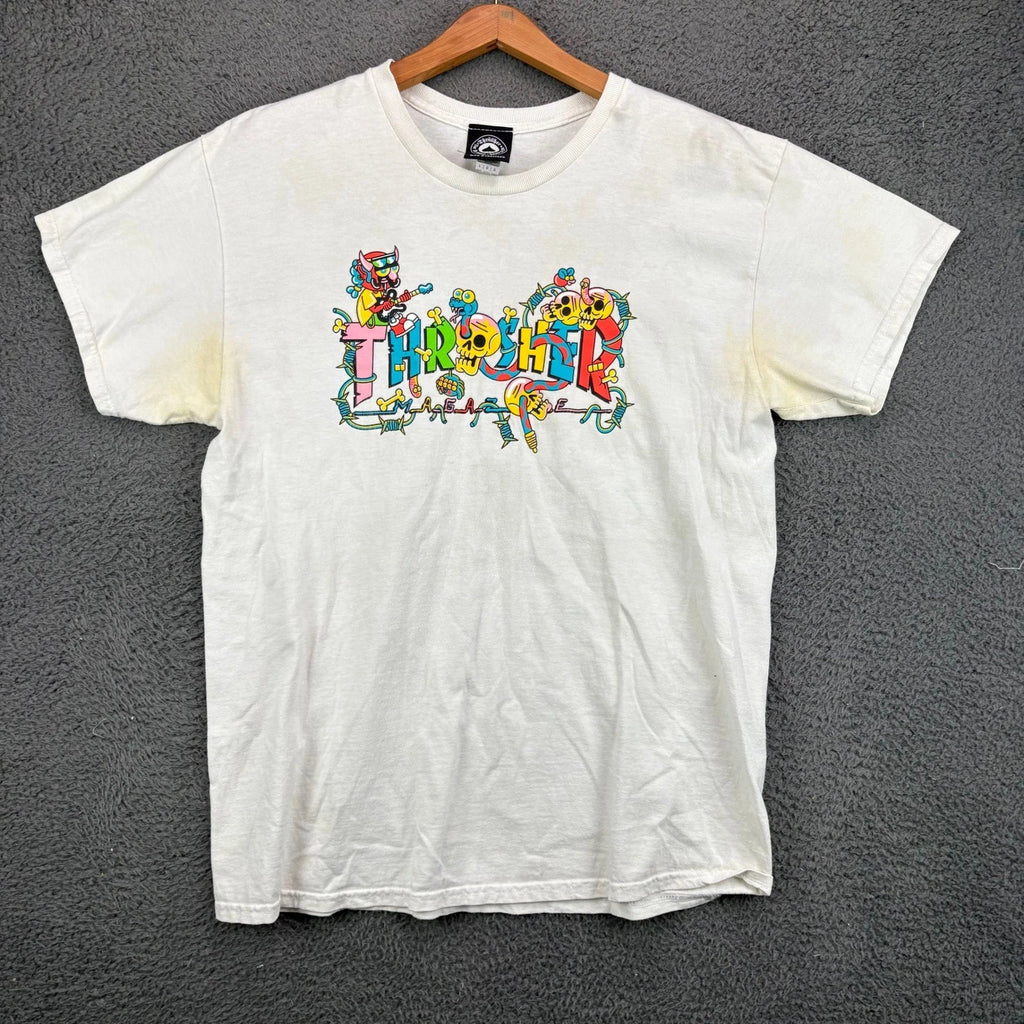 Thrasher Magazine Mens Large White Graphic T-Shirt Colorful Skull Cartoon Logo
