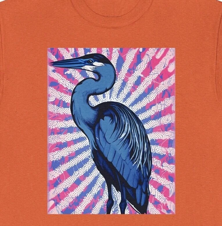 Peaceful Heron Meets Groovy Hippie Vibes Men's or Women's Heavy Cotton T-Shirt