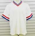 Vtg Mens L Sanjian Shirt V-Neck White Red Blue Polyester Trim Made in California