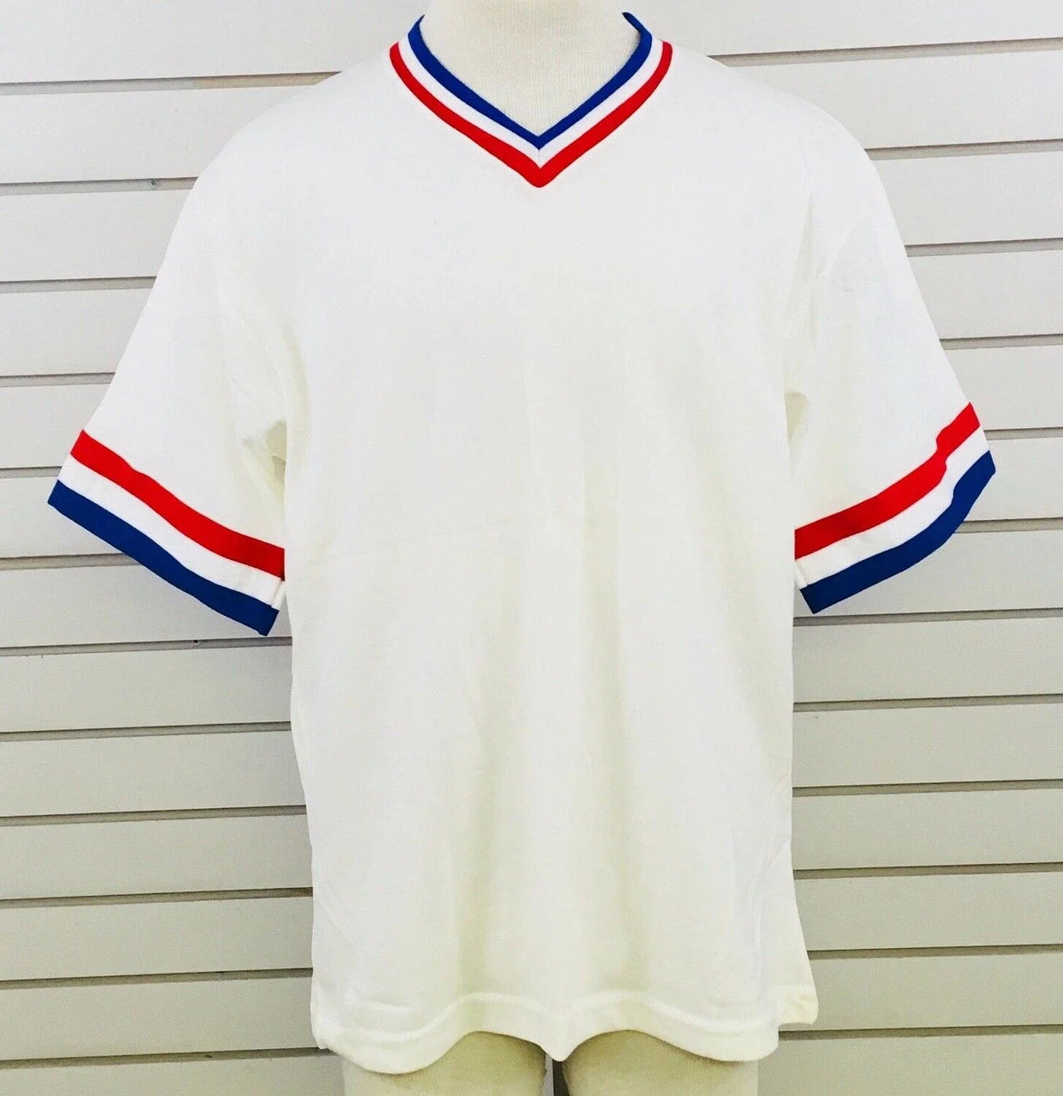 Vtg Mens L Sanjian Shirt V-Neck White Red Blue Polyester Trim Made in California