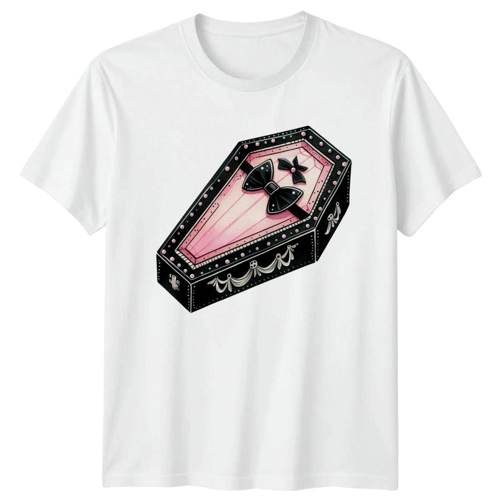 Pink Coquette Coffin Womens T-Shirt Coquette Goth Halloween Halloween Gift