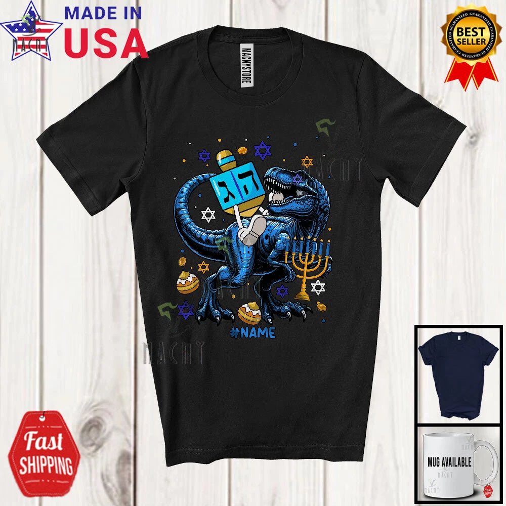 Dreidel Riding T-Rex; Awesome Hanukkah Menorah Custom Name Dinosaur Family Shirt