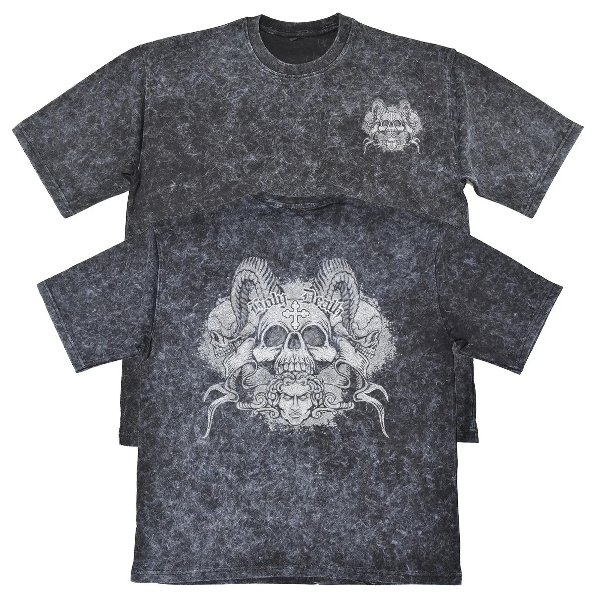 Holy Death Mens Carbon Grey Heavyweight 240gsm Vintage T-Shirt Skull Gothic